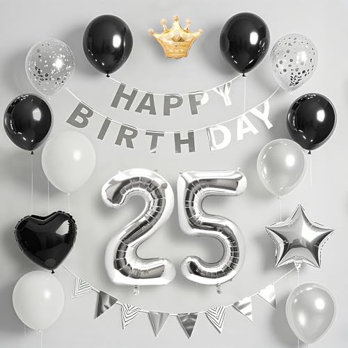 25歳 誕生日 飾り付け バルーン セット ブラック＆シルバー happy birthday バナー & 数字バルーン 紙吹雪 王冠付き 豪華パーティー装飾 男の子 女の子兼用