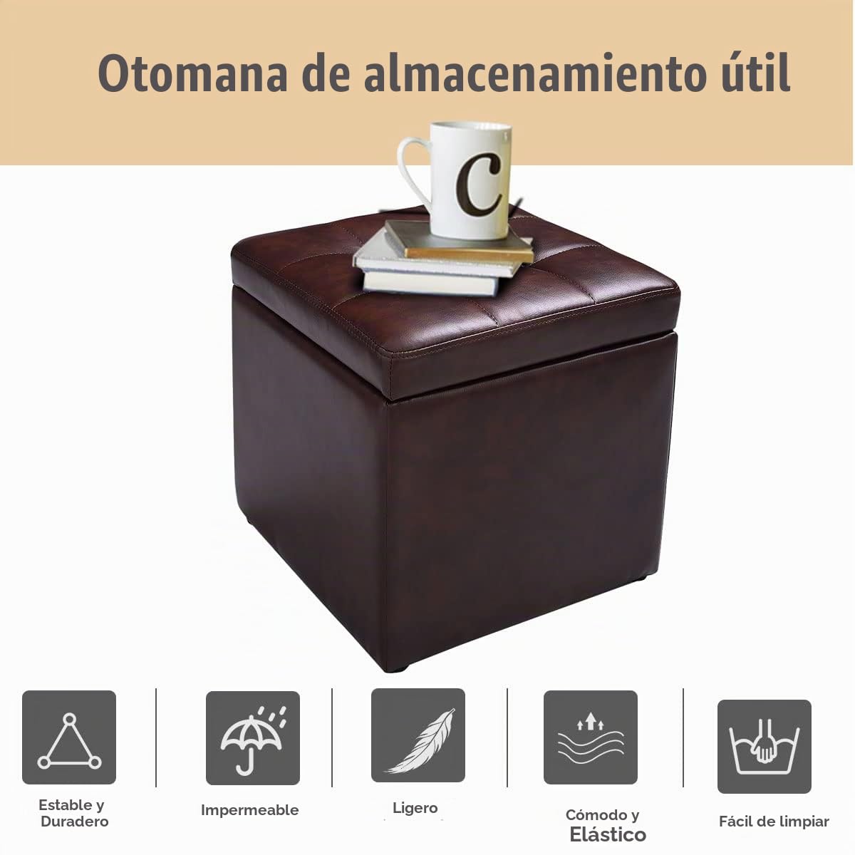 LIFEZEAL Taburete Almacenaje, 40x40x40CM, Puff Taburete de Cuero, Asiento Cubo, Otomano Cuadrado con Funda, Banco con Tapa (Marrón)