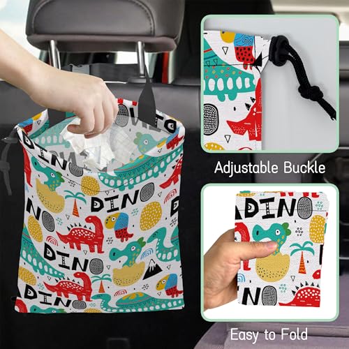 Image of Cartoon Dinosaur Car Trash Bag,Palms Hanging Drawstring Car Garbage Bag,Waterproof Canvas Car Back Seat Organizer with Adjustable Buckle,for Vehicles,SUVs,Camping,Road Trips