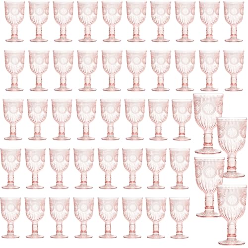 Pink 48 Pack Vintage Wine Glasses, Plastic Reusable 12 Ounce Colored Water Goblets, Unique Flower Embossed Pattern Unbreakable Stemmed Wine Glasses High Clear Wedding Party Bar Drinking Cups by XKXKKE - Used condition - US$73.58