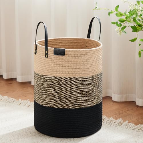 Image of VIPOSCO 53L Tall Woven Rope Laundry Hamper, Leather Handles, Brown & Black | Large Wicker Laundry Basket for Dirty Clothes, Blanket, Toy, Towel, Yoga Mat, Storage Bin in Bedroom, Bathroom, Living Room