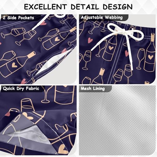 Boys Swim Trunks Quick Dry Valentines Wine Cup Beach Board Shorts with Mesh Lining Youth Swimwear 2-12T3