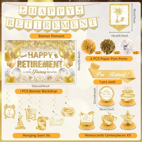 White Gold Retirement Decorations for Women Men White Gold Happy Retirement Banner Backdrop Retirement Honeycomb Centerpieces Hanging Swirls Paper Pompoms Shoulder Strap Retirement Party Supplies