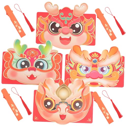 DECORNIJIA 4個年龍年折りたたみ?包袋 お札や小物収納可能な多用途赤い封筒 幸運祈願入り祝福カード付き 春節や贈り物になチャイニーズニュー