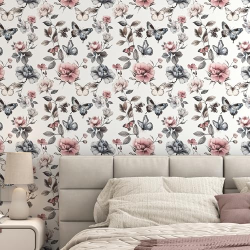 Floral Wallpaper Peel and Stick Wallpaper 17.3"x197" Boho Contact Paper for Cabinets and Drawers Colorful Self Adhesive Removable Wall Paper for Bedroom Butterfly Flower WallPapers Vinyl Roll by PeonyQueen - Image 6