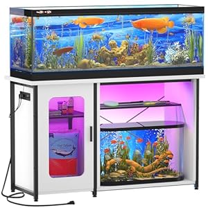 55-75 Gallon Fish Tank Stand with Power Outlets & LED Light, Reversible Heavy Duty Metal Aquarium Stand with Cabinet for Fish Tank Accessories Storage, Turtle/Reptile Terrariums, White