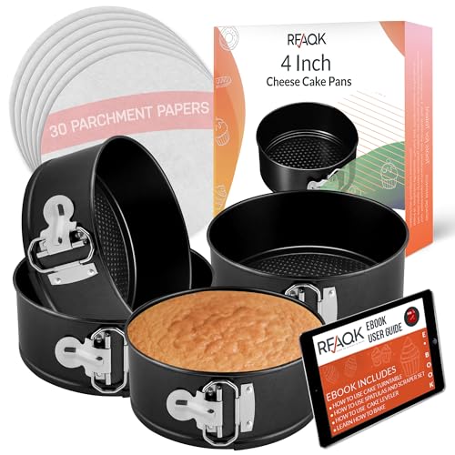 RFAQK 4 Inch Mini Cheesecake Pans Leakproof 4pcs Small Nonstick Springform Pans with Removable Bottom Includes 50pcs Parchment Papers E-Book Perfect for Baking Mini Cakes Pizzas Quiches & More!