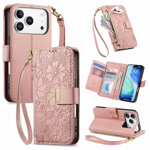 Étui iPhone 17 Pro or rose housse portefeuille en cuir à rabat