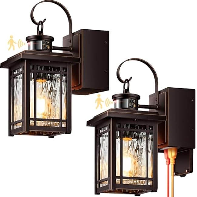 2-Pack Porch Light with GFCI Outlet, Motion Sensor Outdoor Wall Light Wall Mount, Oil Rubbed Bronze Exterior Lighting Fixtures, Anti-Rust Outdoor Lantern Wall Sconce for Garage, Patio, Balcony