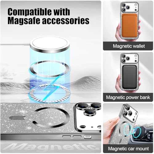 Image of Misscase for iPhone 17 Pro Max Case Compatible with MagSafe,Built-in Camera Lens Protector Full Protection Soft TPU Anti-Scratch Anti-Fingerprint Magnetic Glitter Slim Case Cover 6.9 inch Silver
