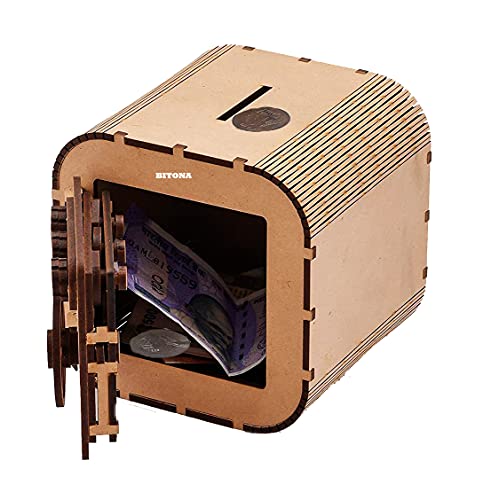 BITONA� Traditional Style Wooden Locker Piggy Bank with Password for Kids and Adults