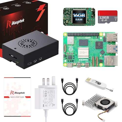 iRasptek Starter Kit for Raspberry Pi 5 RAM 16GB - 128GB Edition of OS-Bookworm Pre-Loaded (Aluminum Case)