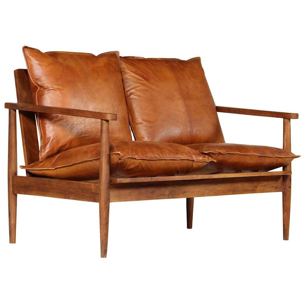 Divano a 2 posti in vera pelle marrone con telaio in legno massello di acacia, elegante design vintage per soggiorno, camera da letto o camera degli ospiti, comodo cuscino spesso
