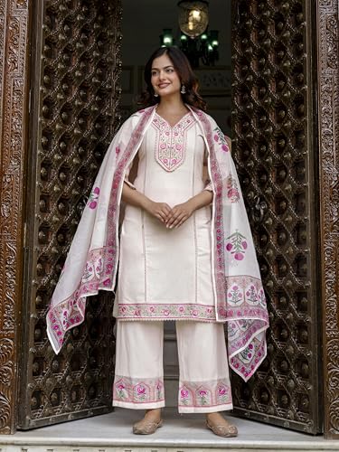 Image of TRENDMALLS Women's Cotton Embroidery Sequence Work Kurta Palazzo with Dupatta Salwar Suit Set For Women