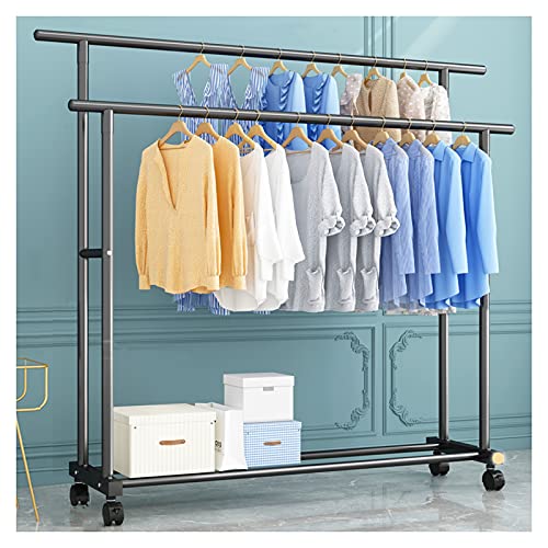 Perchero rodante resistente con varillas dobles para colgar y estante de almacenamiento inferior, organizador de ropa móvil para exhibición de ropa, perfecto para uso minorista y doméstico