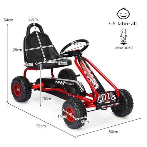 SOARS Gokart, Tretauto mit verstellbarem Sitz & Fußpedal, Go Kart mit Handbremse, Kinderspielfahrzeug Vorwärts- und Rückwärtsfunktion, Kinderfahrzeug bis 30 kg belastbar, für Kinder ab 3 Jahren (Rot) – Bild 7