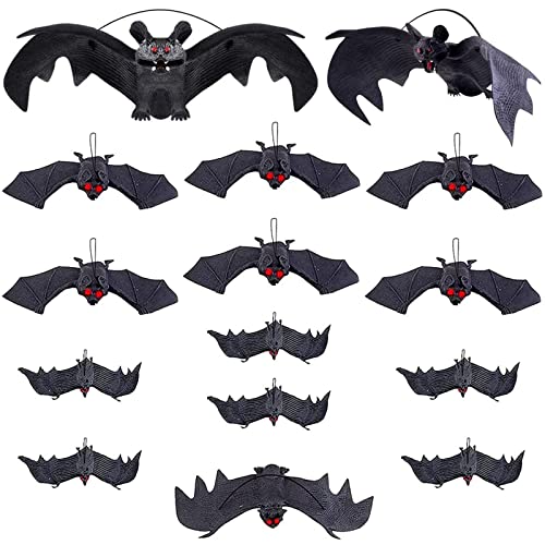 HBSTK 15 Stück Halloween Fledermäusehängende 3D Fledermaus gruselige gespenstische Dekoration Gummi Realistischer Dekor Partyzubehör für Halloween Horror Party Cover