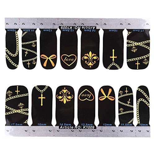 BMC 14pc Gold Chain Cross Fleur de lis Bow Heart Love Themed Black Base Color Nail Art Effects Strips Decal Wrap Stickers
