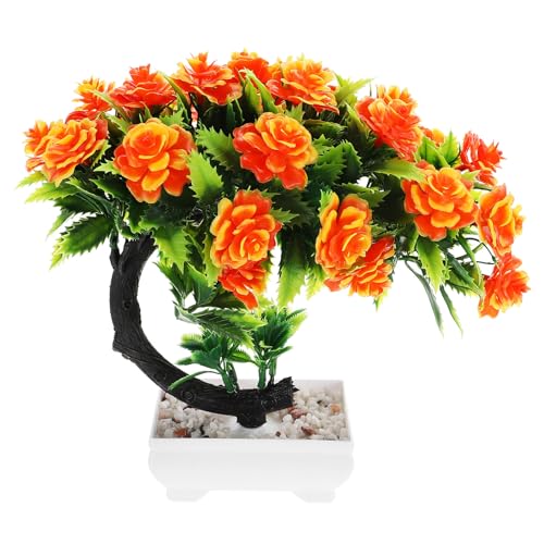 EXAOMBLE Planta Decorativa Falsa de Peonía en Maceta Pequeña, Árbol de Flores Artificiales Realista en Color Rojo Atardecer, Adorno para Decoración del Hogar y Mesa, Bonsái Falso para Sala