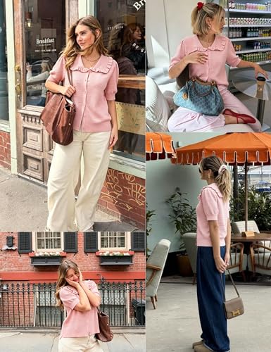 Image of Watashi Womens Ruffle Collar Puff Short Sleeve Cardigan Knit Crop Top | Peter Pan Collar Crochet Knitted Summer Fall Casual Work Wear Sweater