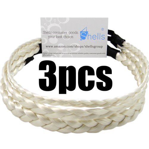 Shells White Color Elastic Stretch Synthetic Hair Braid Fashion Plaits Headband For Cosplay And Grandma Set of 3