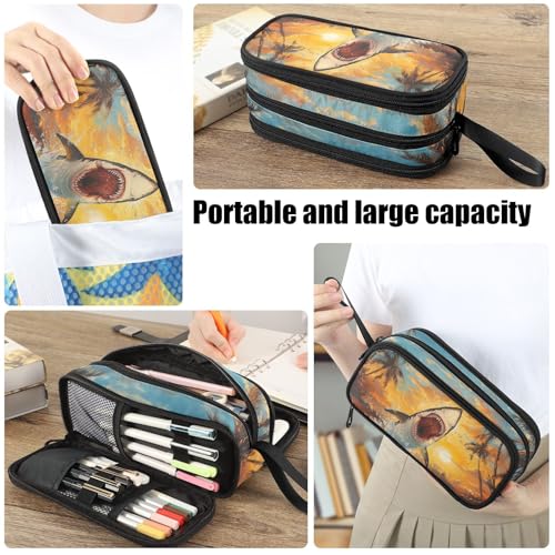 Image of Fustylead Oil Painting Of Open Mouth Shark Jumping Large Pencil Case Portable Stationery Bag Cosmetics Bag with Handle for School Office Travel