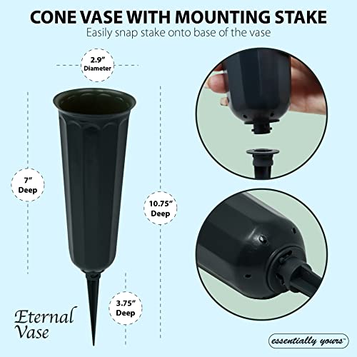 Essentially Yours 6 Pack - 7 Inch Memorial Floral Vase with 3 Inch Stakes - for Artificial Flowers Only Also Great for Parties and Outdoor Events, Dark Gray