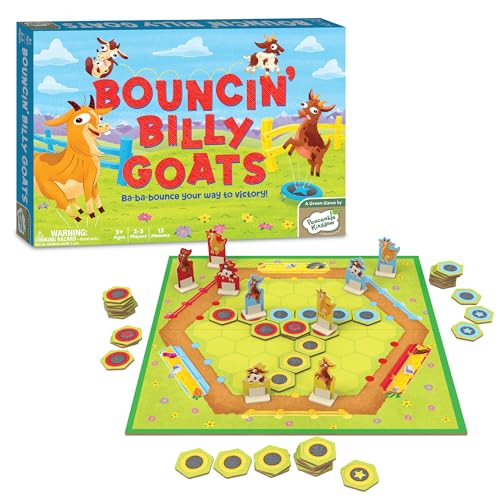 Peaceable Kingdom Bouncin’ Billy Goats Board Game, Light Strategy and Trampoline Tile Gameplay for Kids and Adults, Cooperative Family Game Night Fun, 2 to 3 Players Ages 5 and Up