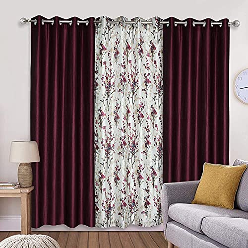 Image of 9 Feet Polyester Floral Light Filtering Long Door Curtains for Bedroom, Living Room & Hall, Eyelet Top, Wine Print & Solid Plain Curtain Set of 3