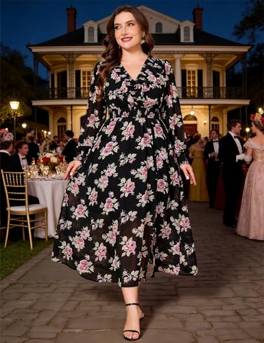 Image of EYWOL Wedding Guest Dresses for Women Long Sleeve Chiffon Floral with Slit | Maxi\Midi, Long, V Neck, A-Line, Chiffon, Elastic Waist, Flowy, Boho, Western, Fall, Flattering, Elegant, Curvy, Maternity,