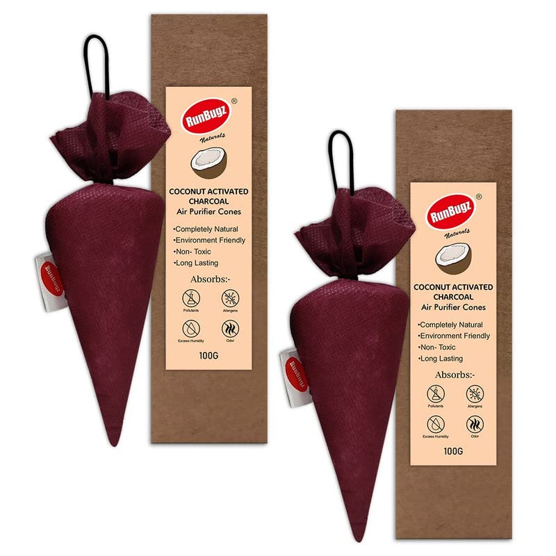RunBugz Activated Carbon Air Purifier Cone to remove Odor and Moisture from Car | Air Freshener & Mosquito Repellent | 100 Grams Coconut Activated Charcoal (Classic Maroon) (Pack of 2)
