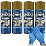 Hammerite Direct to Rust Metal Spray Paint Smooth Gold 4X 400ml + Free Nitrile Gloves | Fast-Drying Aerosol, Durable Rust Protection for Indoor & Outdoor Metal