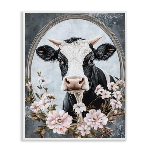 Flower Horned Cow Portrait Farmhouse, 11 x 14 Inch Framed Giclée Print