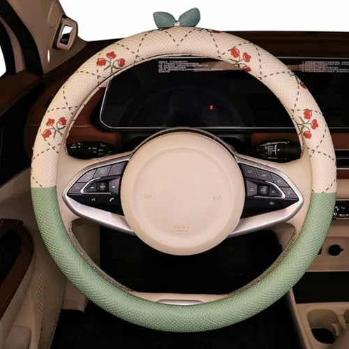 15 Inches Universal Round Car Steering Wheel Cover, Cute Flower Soft Breathable Non-Slip Steering Wheel Protector Wrap for Women (Green)