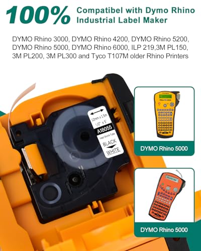 NineLeaf Kompatibel für Dymo Rhino 12mm x 1.5m 18055&12mm x 5.5m 18444 Schriftband Schwarz auf Weiß HSE für Drähte Kabel in Rhino 3000 4200 5000 Tyco T107M Industriell Etikettenband
