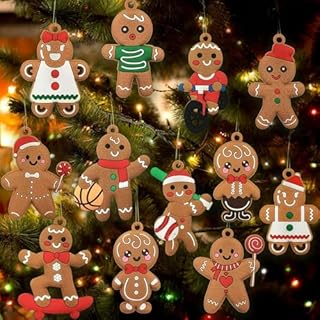12pcs Christmas Gingerbread Hanging Ornaments, Cute Snowman & Santa Claus Figurines with Sugar Cookie House, Festive Xmas Tree Hanging Decor for Holiday Party and DIY Crafts