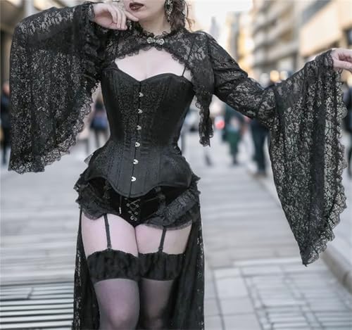 Image of Goth Bolero Shrug Women Lace Sheer Mesh Gothic Flare Sleeve Emo
