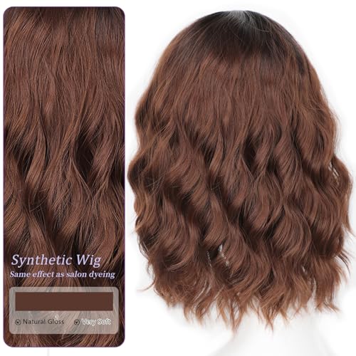 Image of AISI HAIR Synthetic Wavy Curly Bob Wig with Bangs Dark Roots with Chestnut Brown Short Hair Wigs for Women Synthetic Heat Resistant Bob Wigs