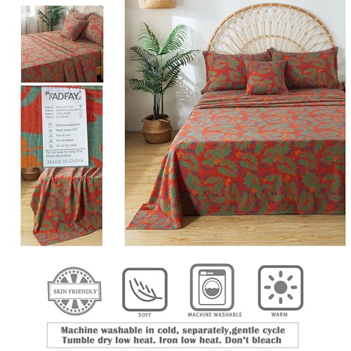 Image of FADFAY Floral Sheets Set Queen Vintage Red Green Floral Bedding Shabby Maple Leaf Farmhouse Bedding Super Soft Washed Double -Layer Muslin Sheets 100% Cotton Deep Pocket Fitted Sheet 4Pcs, Queen Size