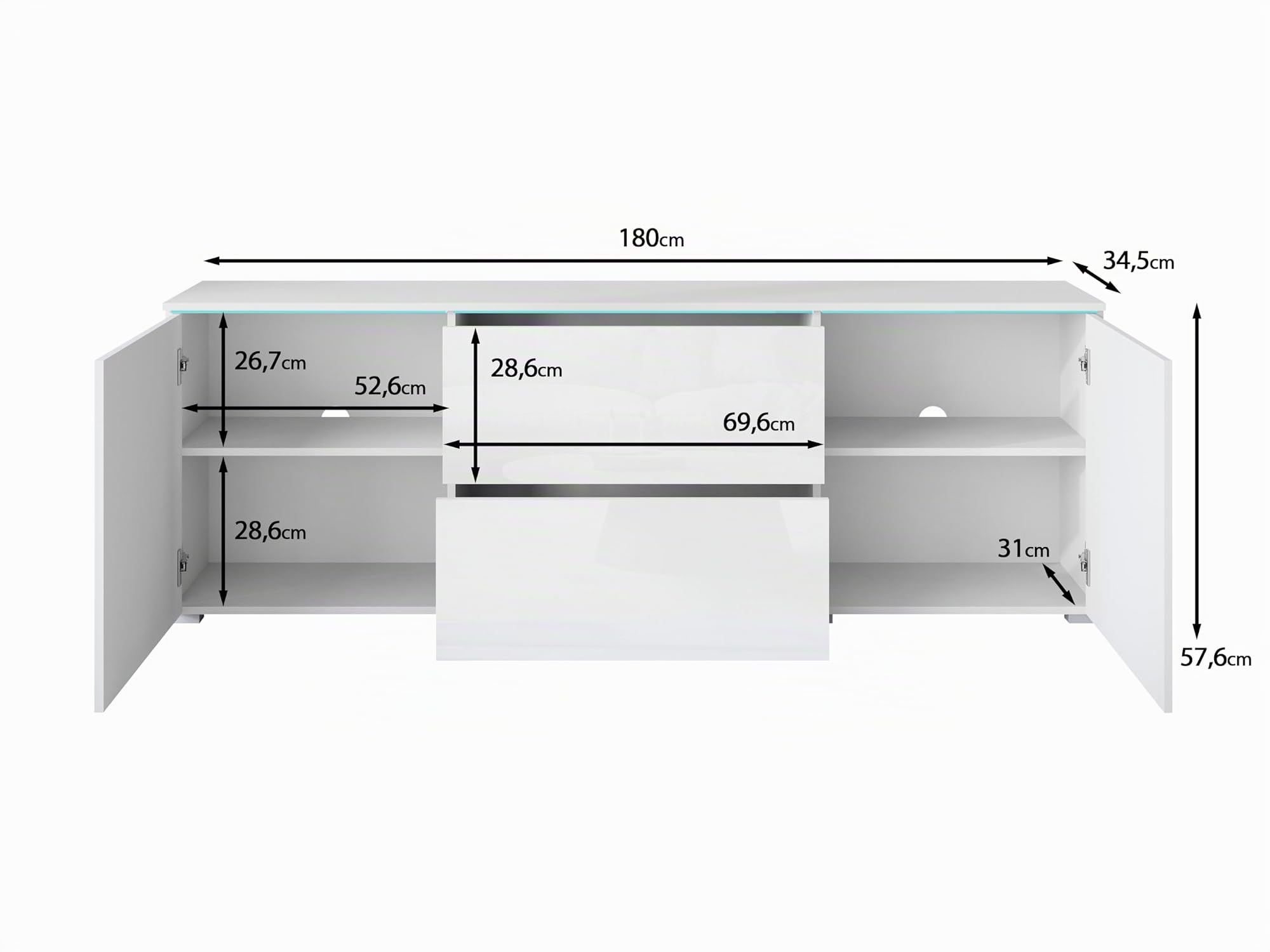 Buffet pour salon Vera 181, meuble TV, 2 portes, 2 tiroirs, éclairage LED en option, armoire de rangement, (LED, noir mat)