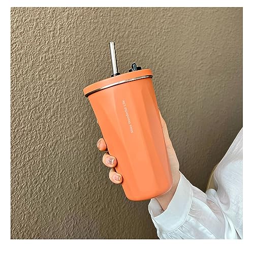 ストロー付きタンブラー ふた付き 大容量 ストロー 水筒 真空断熱 タンブラー おしゃれ ステンレス 携帯 コーヒー カップ 600ml 便携軽量 タンブラー 真空断熱 ふた付き ステンレス 保温保冷 (オレンジ)