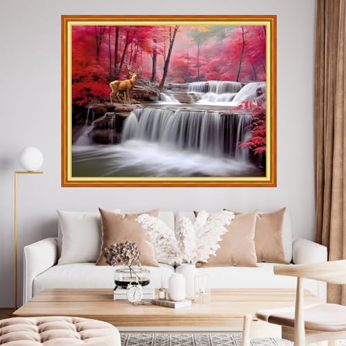 Image of Findvoor Stamped Cross Stitch Kits for Beginner Embroidery Kits for Beginners Adults DIY 11CT Cross Stitch Patterns Needlepoint Kits Crossstitching Kits-Waterfall Deer 16x20 inch