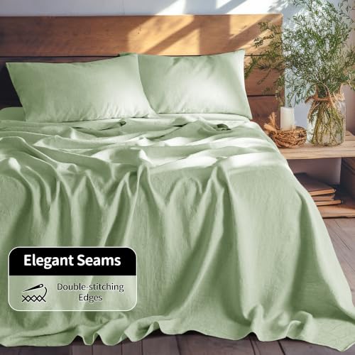 Image of LBRO2M 100% French Pure Linen Sheet Set 4Pcs, 16 inch Deep Pocket Queen Size