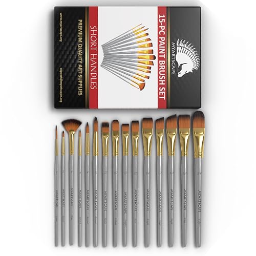 MyArtscape Paint Brush - Set of 15 Art Brushes for Watercolor, Acrylic & Oil Painting - Short Handles - Thumbnail 7