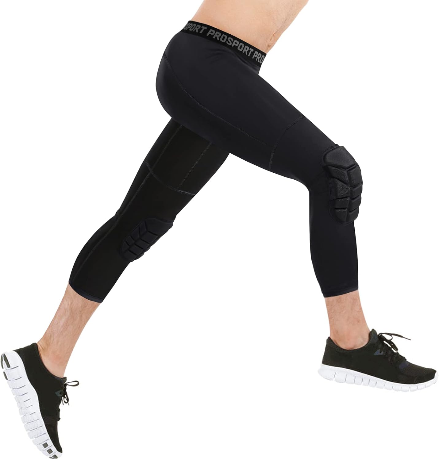 Mens Boys Compression Pants with Knee Pads 3/4 Capri Sport Tights Basketball Athletic Base Layer Workout Leggings Black a