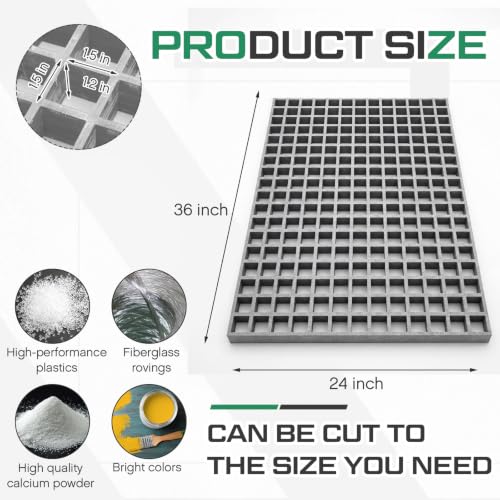 Image of Cinnvoice Fiberglass Molded Grating, Non-Slip Frp Bar Grate Panel 1.5 inch Square Open Mesh Industrial Grating for Floor, Platform, Deck, Drain Trench, Car Wash(36 x 24 x 1.2 in)