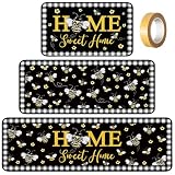 Fourluoo Sets of 3 Bee Kitchen Rugs and Mats Honey Bee Kitchen Rugs Non Slip Washable Door Mats for Floor Home Bathroom Farmhouse Decor