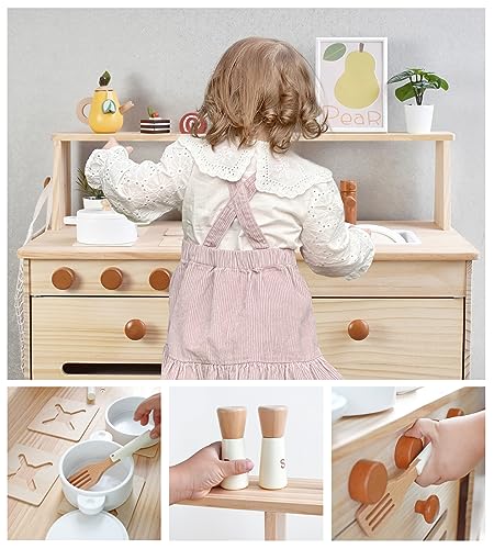 image for PairPear Kids Kitchen Playset,Wooden Toys Kitchen with Pretend Play Fo