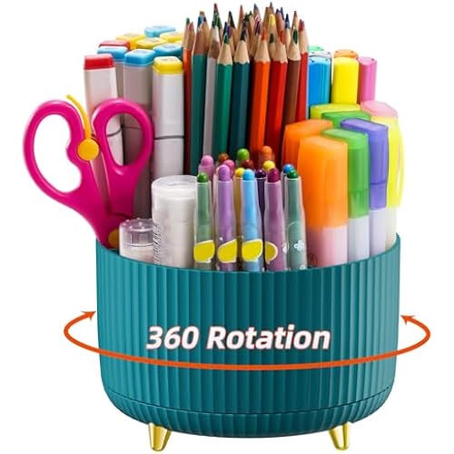 Marbrasse Desk Organizer, 360-Degree Rotating Pen Holder, Desk Organizers and Accessories with 5 Compartments Pencil Organizer, Art Supply Storage Box Caddy for Office, Home（Green）