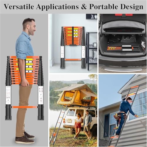 Image of DIAMONDFORGE 12.5 FT Telescopic Aluminum Extension Ladder, Collapsible & Retractable, Adjustable for House, Roof, RV & Travel Trailers, 330 lbs Capacity